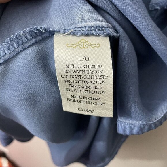 Temperance Boho T-Shirt Top Womens L Blue Crochet Blouse Tassel Lace Fringe EUC - Picture 9 of 10